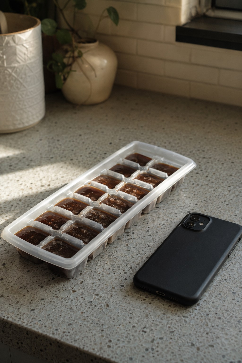 A tray of coffee ice cubes in a home freezer, phone face-down on the counter