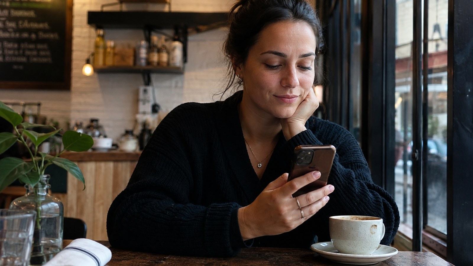 A woman in a cafe looking at her phone with a knowing half-smile