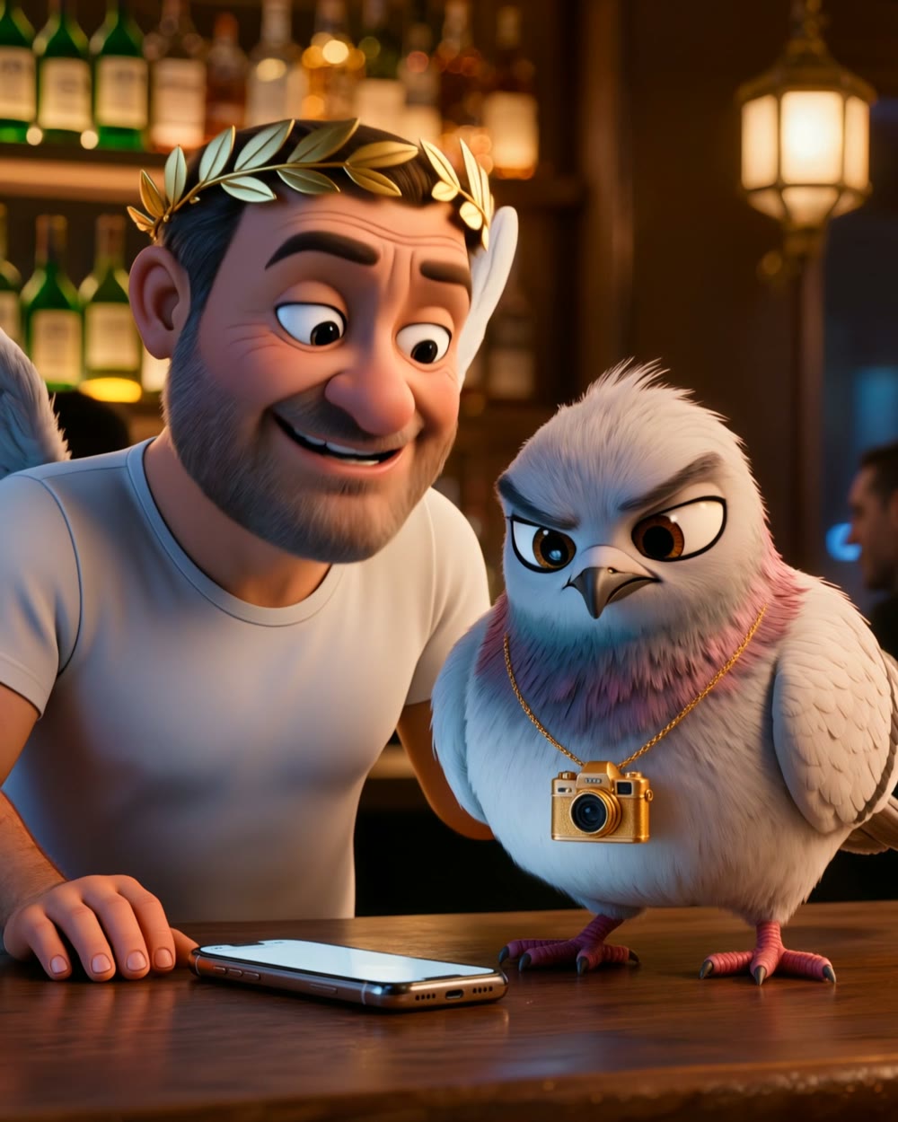 Wing the pigeon and Cupid at the bar, recently unemployed, staring at their former client's dating profile