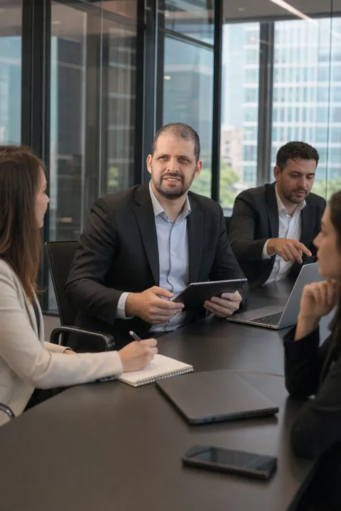Glass meeting room, second result: at a round table, a colleague across