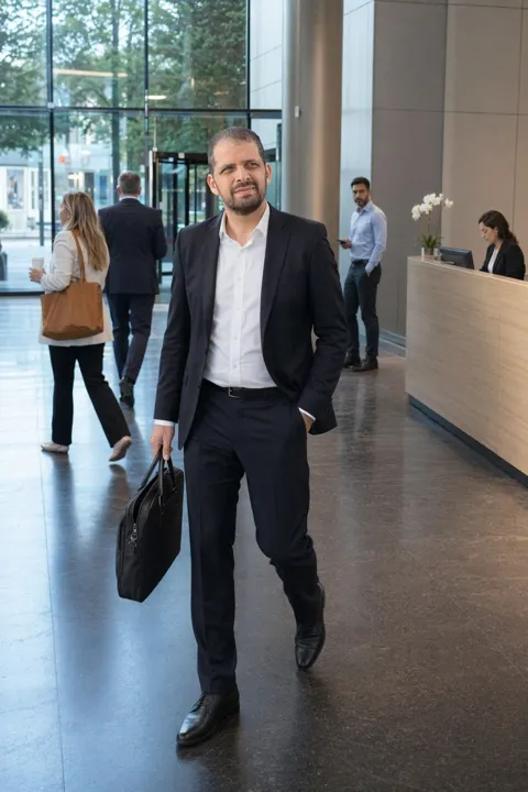 AI LinkedIn photo example: crossing an office lobby