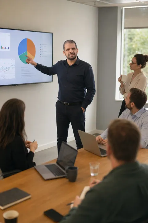 AI LinkedIn photo example: presenting from a TV screen in a small office
