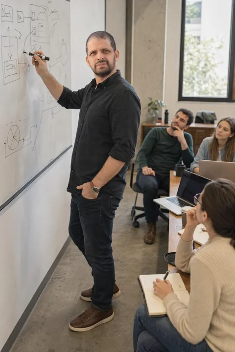 AI LinkedIn photo example: writing on a whiteboard, team behind