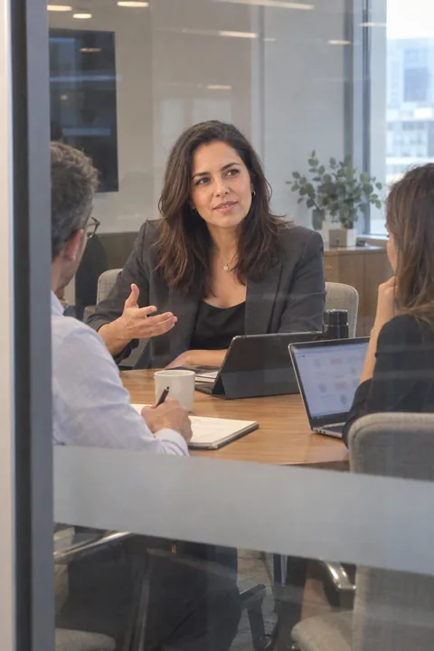 AI LinkedIn photo example: explaining from her seat at an executive round table