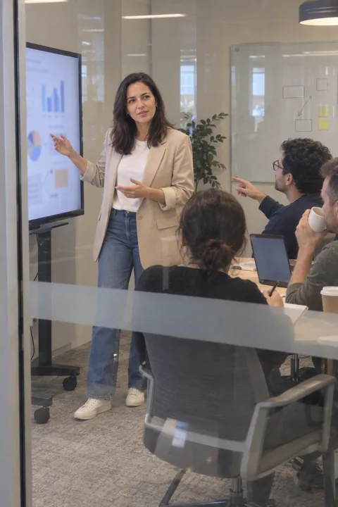 AI LinkedIn photo example: presenting from a TV screen in a huddle room