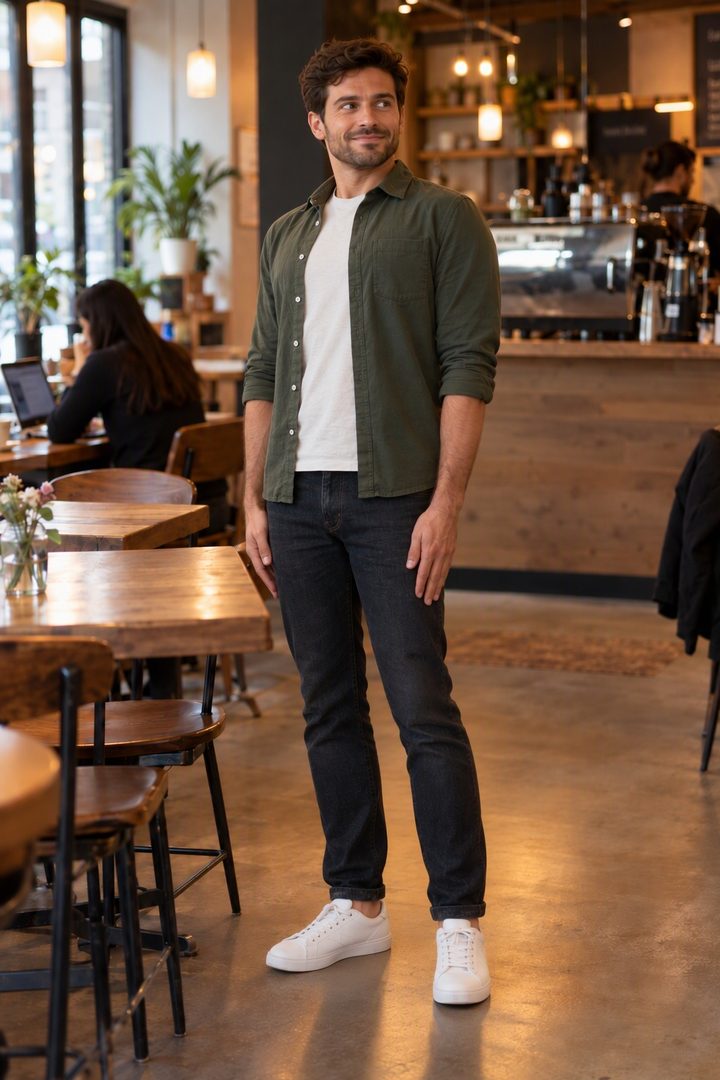 The same photo after Pose Maxing: same cafe, same clothes, same man, now standing with his weight on one leg, body turned and a relaxed smile