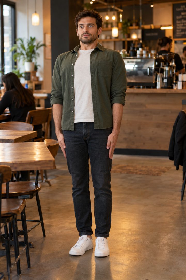 Example photo before Pose Maxing: a man standing stiffly in a cafe, square to the camera, arms hanging at his sides